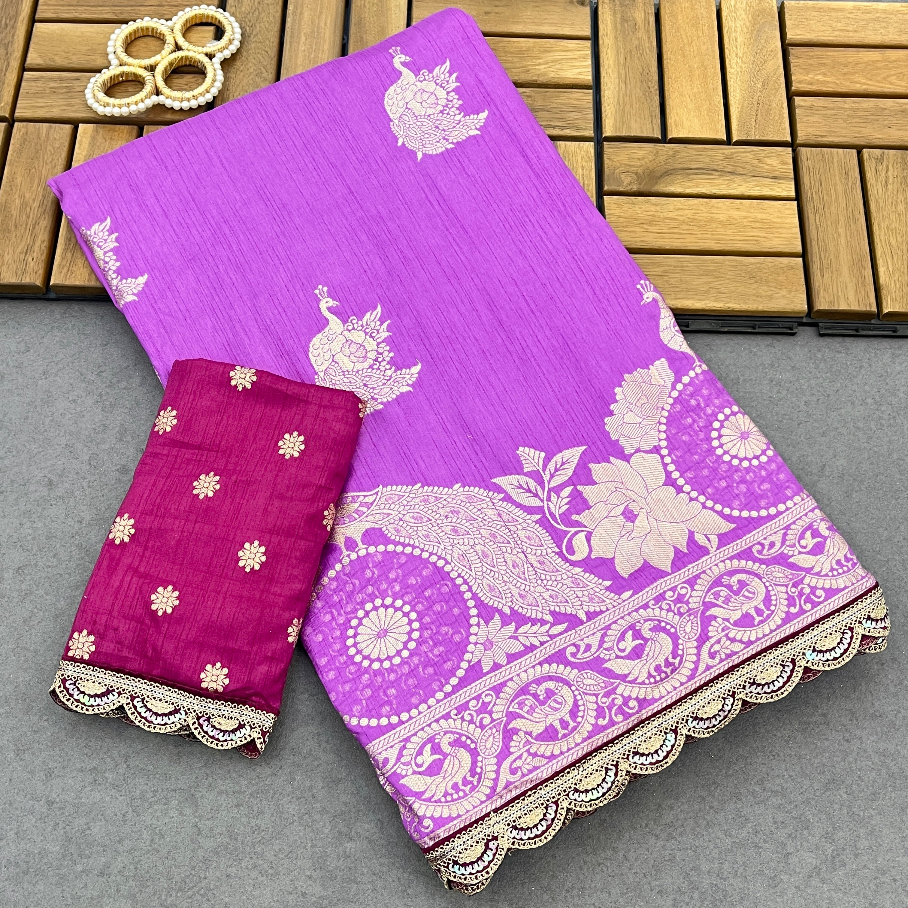 SOMVATI Dola Silk Saree – Regal Elegance with Intricate Embroidery Lace