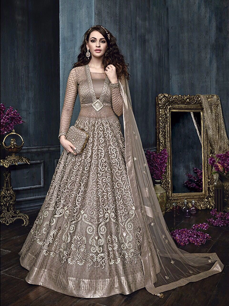 SOMVATI Embroidered Long Anarkali Gown Suit – Stunning Semi-Stitched Elegance with Stone & Lace Detailing