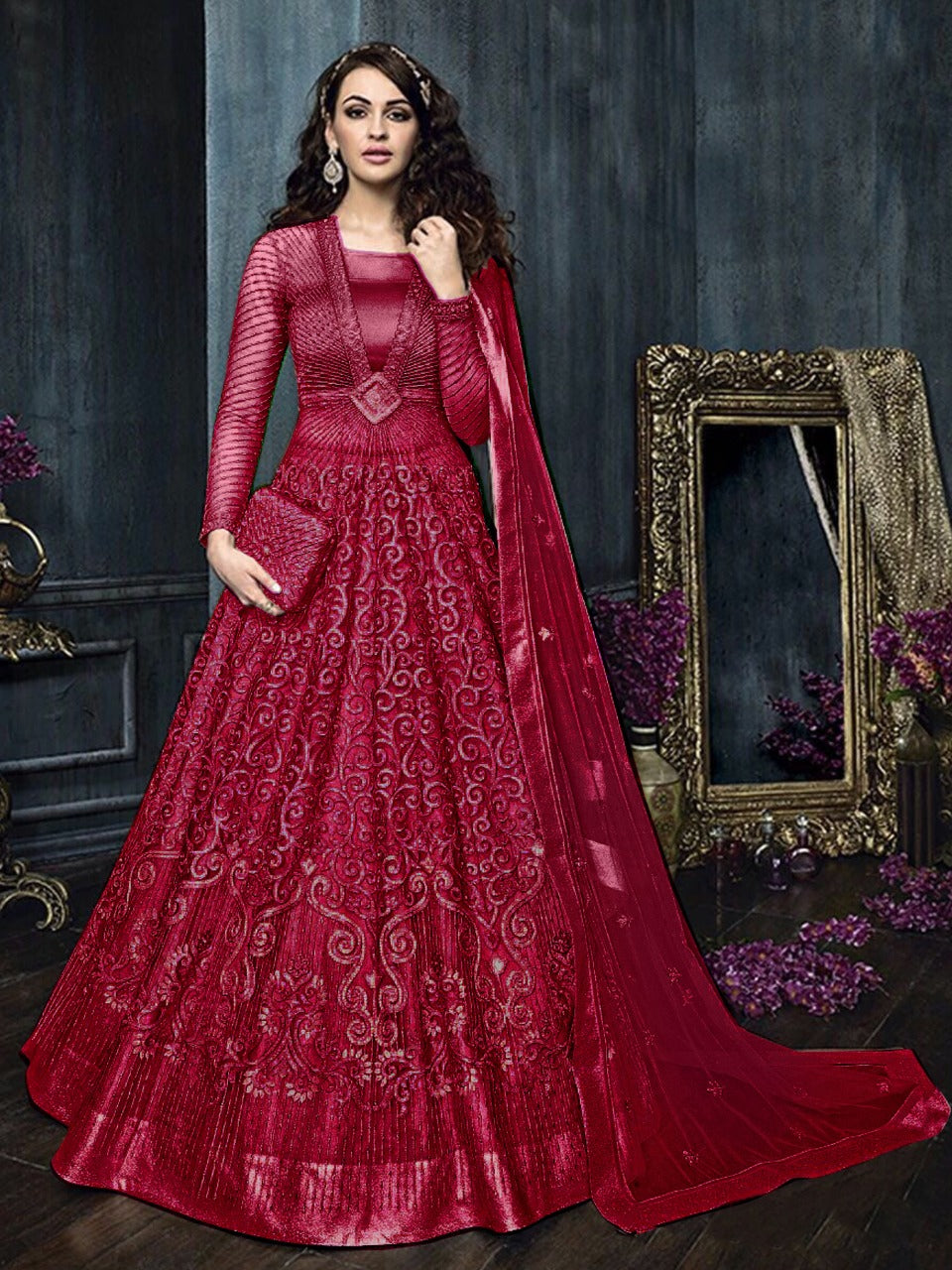 SOMVATI Embroidered Long Anarkali Gown Suit – Stunning Semi-Stitched Elegance with Stone & Lace Detailing