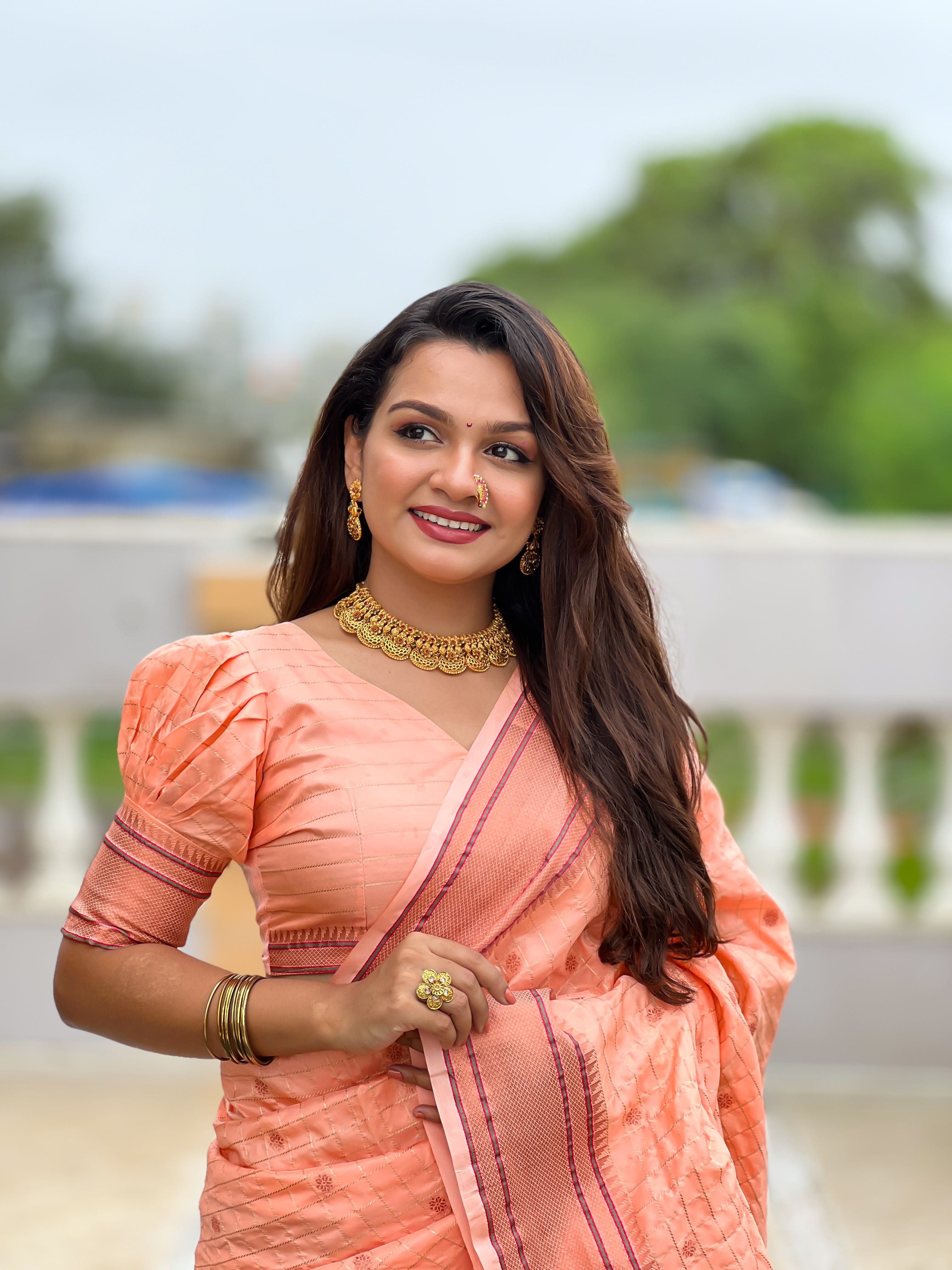 SOMVATI Original Maharashtrian Paithani Silk Saree with Rose Gold Zari Border & Meenakari Pallu