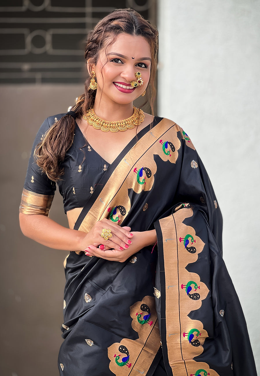 SOMVATI Super Hit Paithani Saree with Lotus and Peacock Meenakari Woven Border