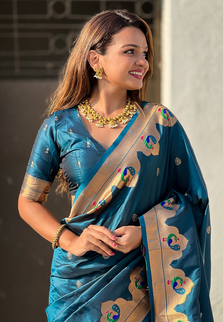 SOMVATI Super Hit Paithani Saree with Lotus and Peacock Meenakari Woven Border