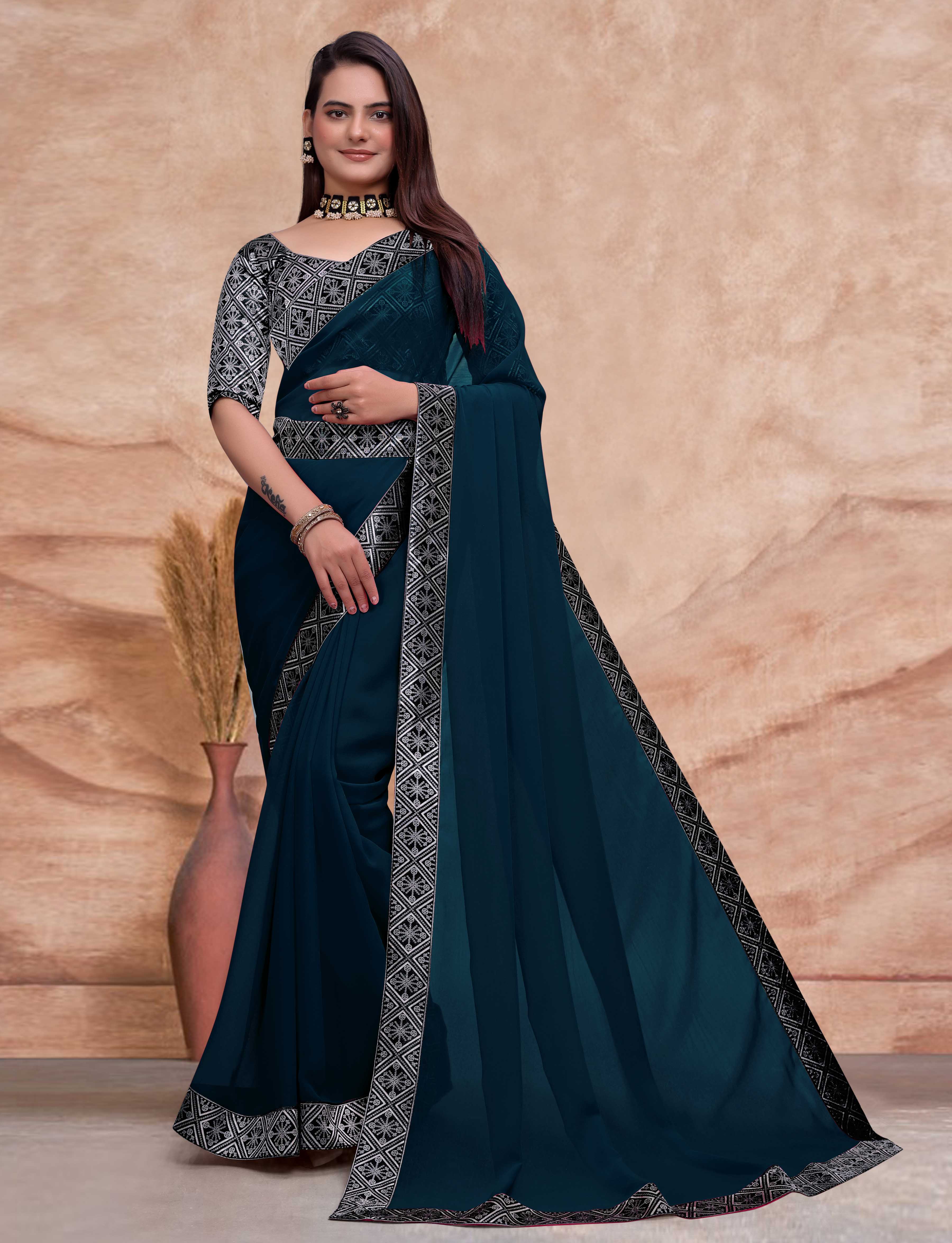 SOMVATI Alluring Embroidered Georgette Saree: Celebrate Elegance with Exquisite Jari and Sequence Work