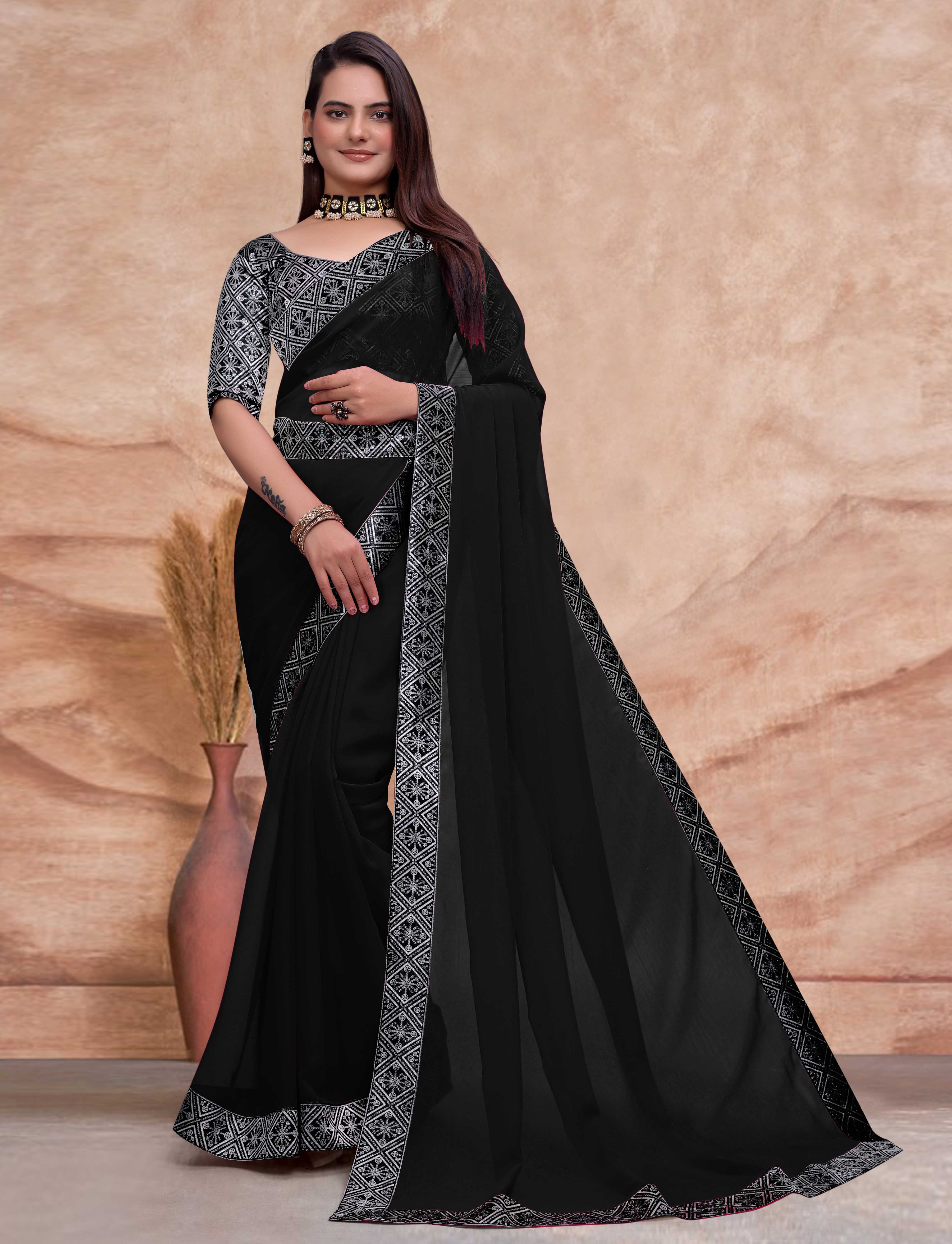 SOMVATI Alluring Embroidered Georgette Saree: Celebrate Elegance with Exquisite Jari and Sequence Work