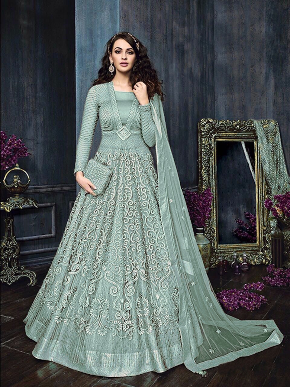 SOMVATI Embroidered Long Anarkali Gown Suit – Stunning Semi-Stitched Elegance with Stone & Lace Detailing