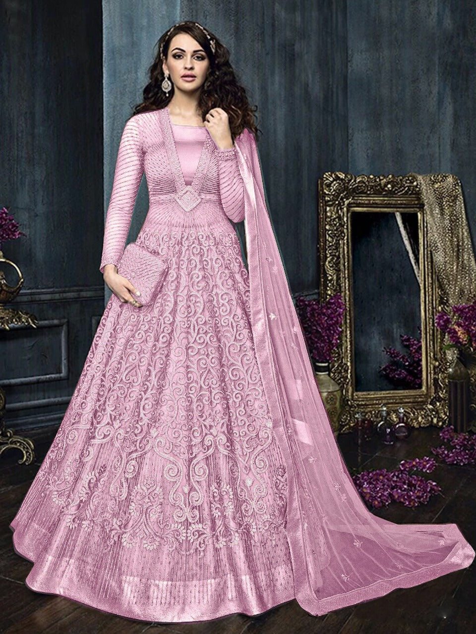 SOMVATI Embroidered Long Anarkali Gown Suit – Stunning Semi-Stitched Elegance with Stone & Lace Detailing