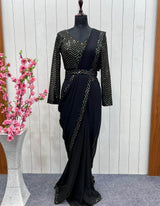 SOMVATI Chic Black Zigzag Embroidered Pure Georgette Bollywood Saree: Dazzling Jari Thread and Sequence Detailing