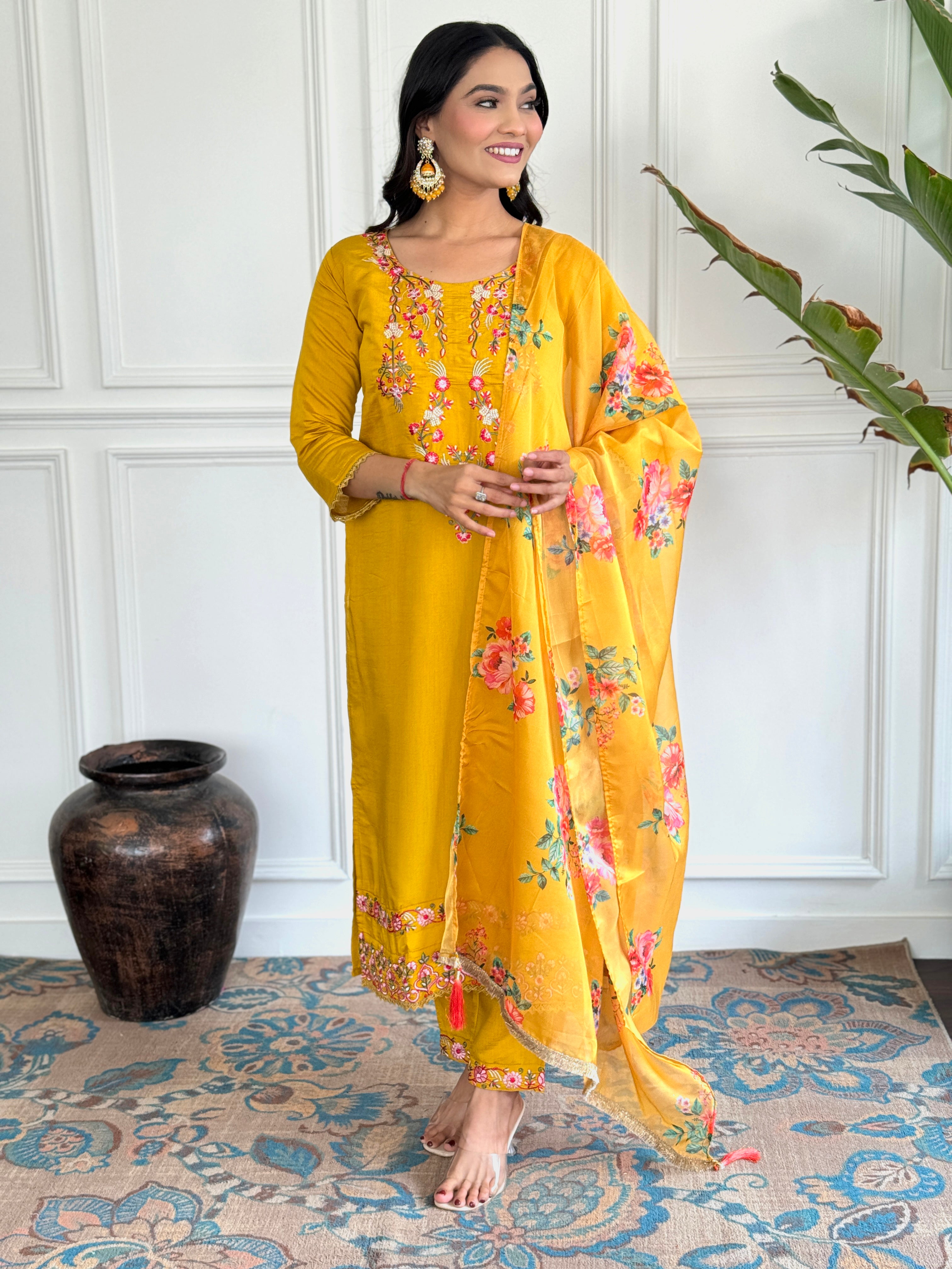 SOMVATI Mustard Chanderi Embroidered Kurta Set with Printed Tebby Silk Dupatta – Effortless Elegance