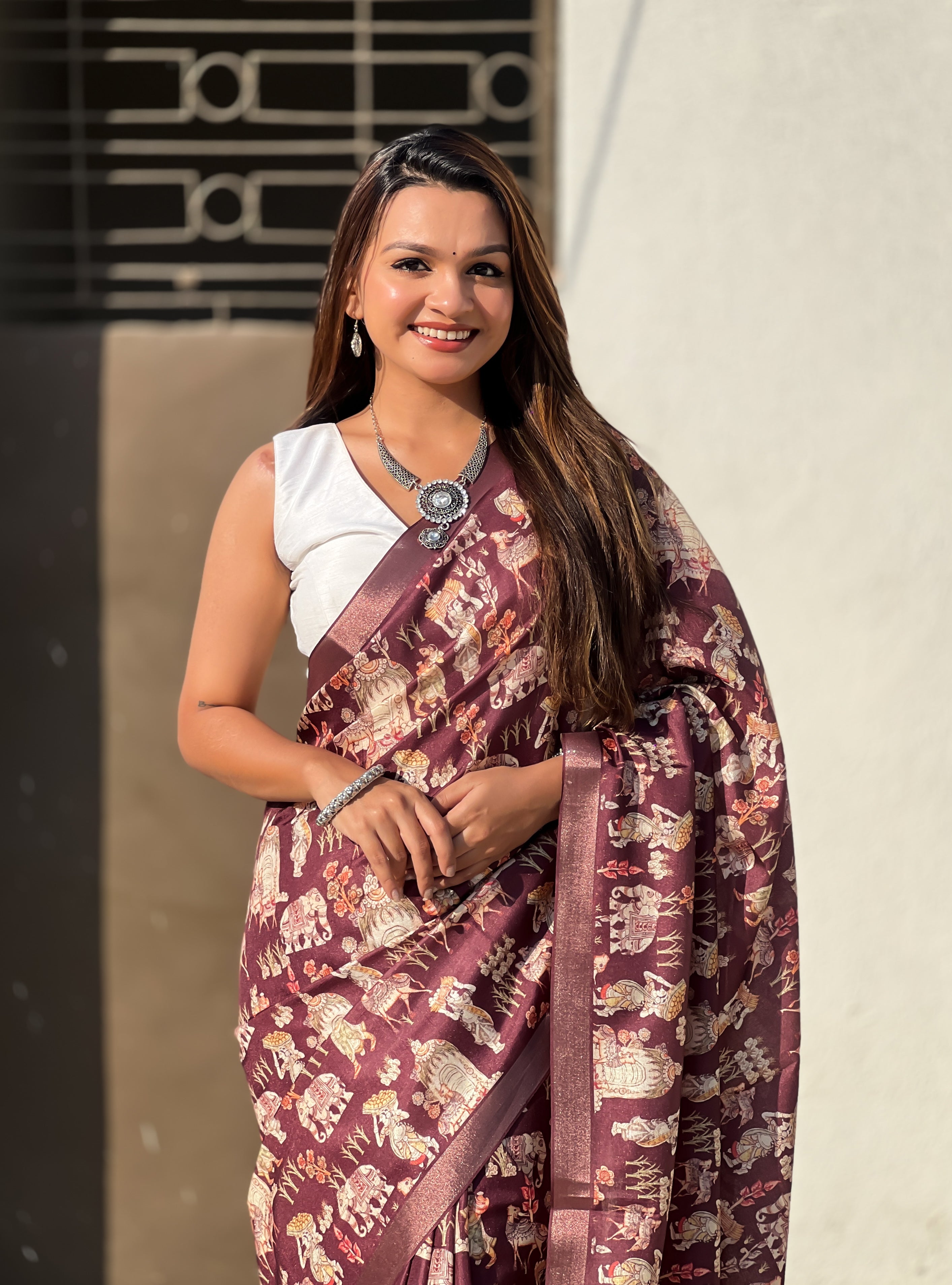 SOMVATI Tussar Silk Printed Saree with Zari Border – A Blend of Grace and Tradition