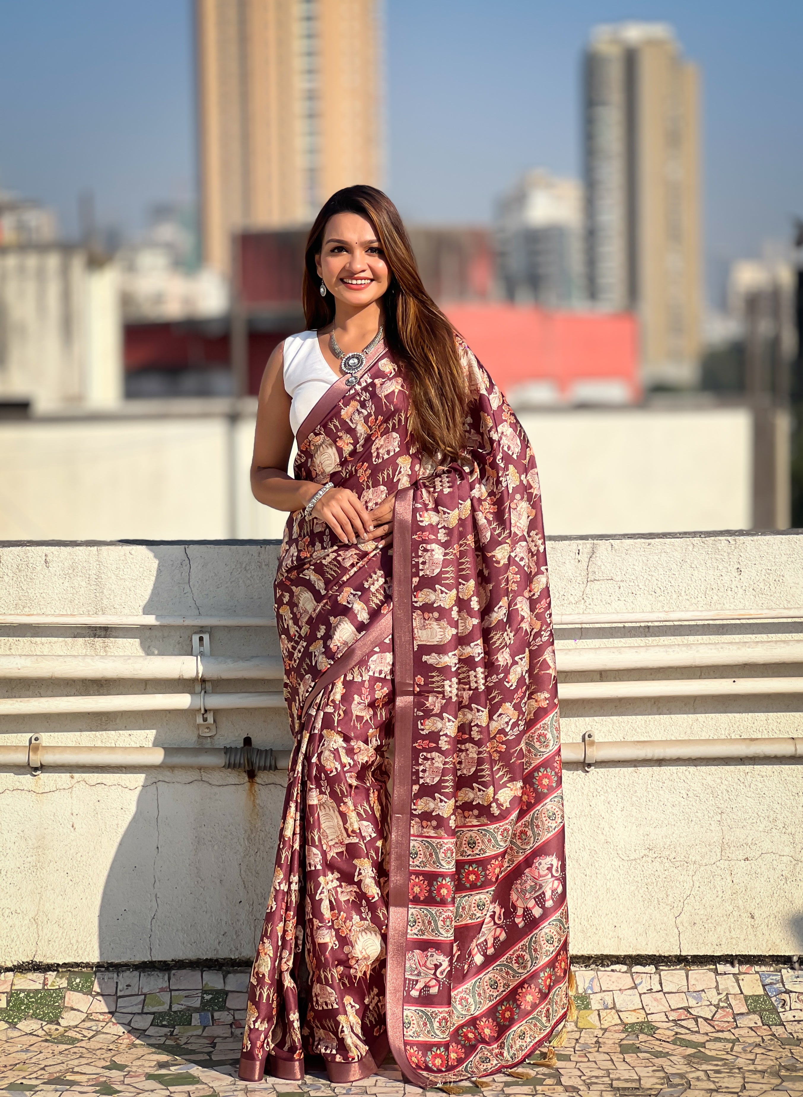 SOMVATI Tussar Silk Printed Saree with Zari Border – A Blend of Grace and Tradition