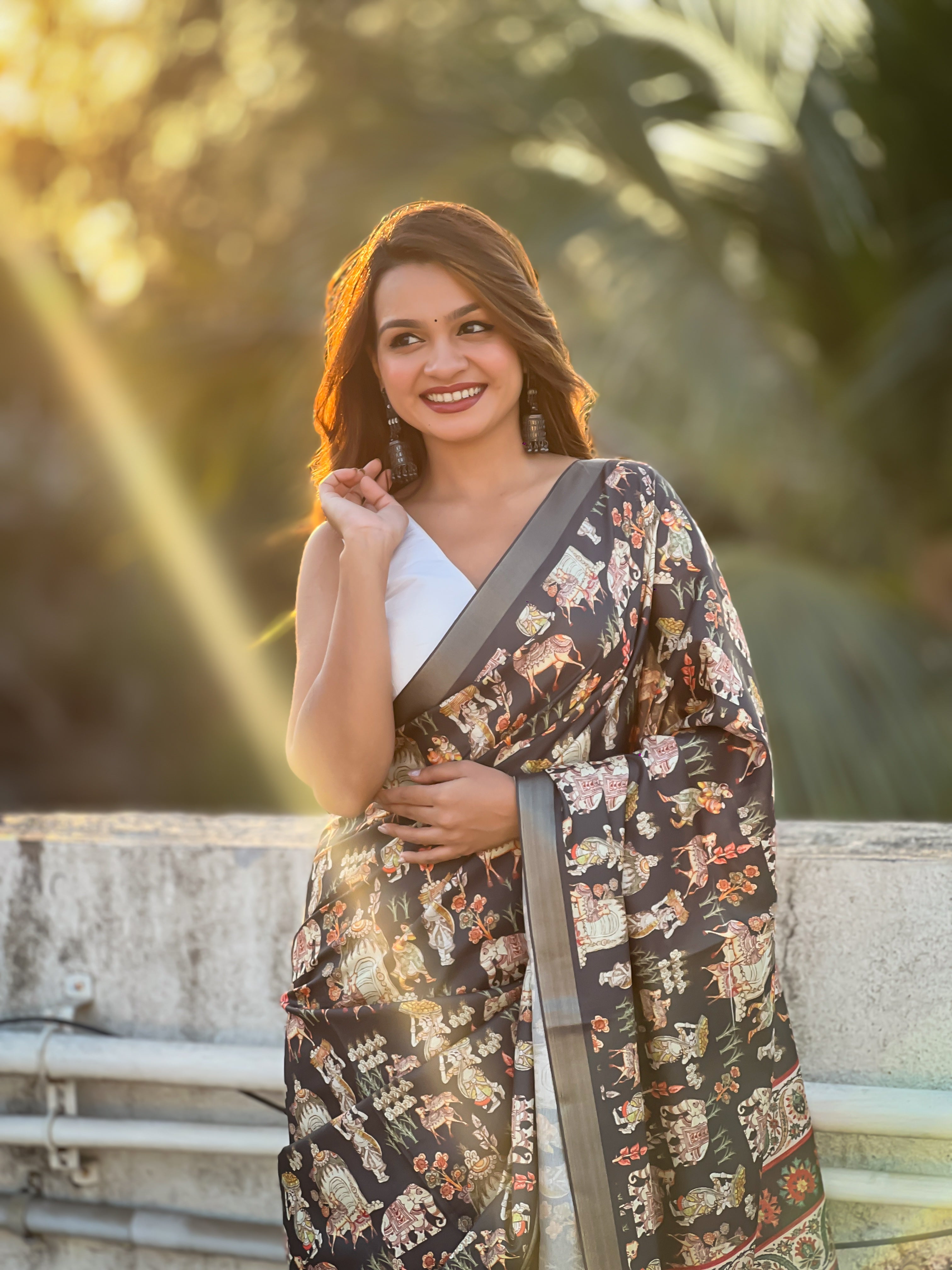 SOMVATI Tussar Silk Printed Saree with Zari Border – A Blend of Grace and Tradition